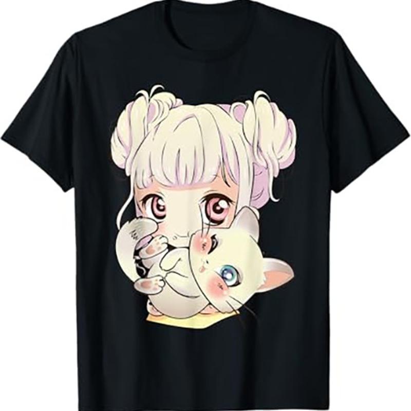 

Cute Cartoon Kawaii Otaku Cat Lover T Shirt Black S разноцветный