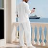Men's Linen V-Neck Long Sleeve Hoodie & Pants Beachwear Set