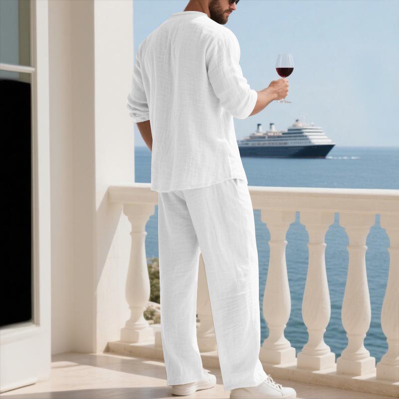 Men's Linen V-Neck Long Sleeve Hoodie & Pants Beachwear Set
