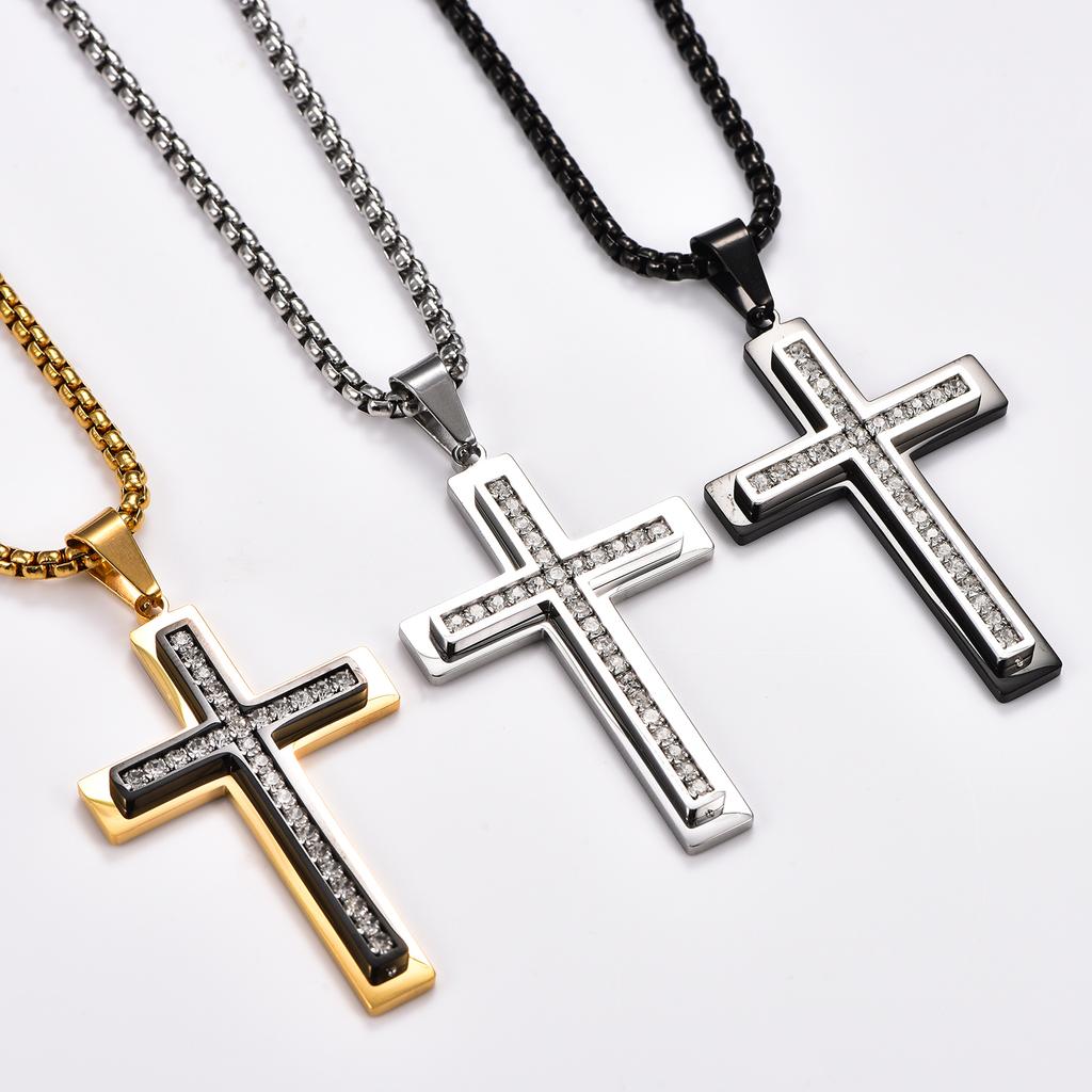 Vintage Zirconic Stone Christian Cross Pendant with Necklace Stainless Steel Prayer Charm Amulet Faith Jewelry Gifts