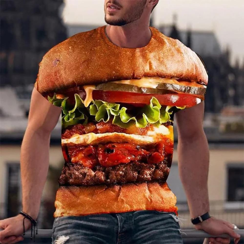 Lustige T-Shirts Hamburger Essen 3D-Druck Streetwear Herrenmode Übergroß Kurzarm T-Shirt Tees Tops Herrenbekleidung