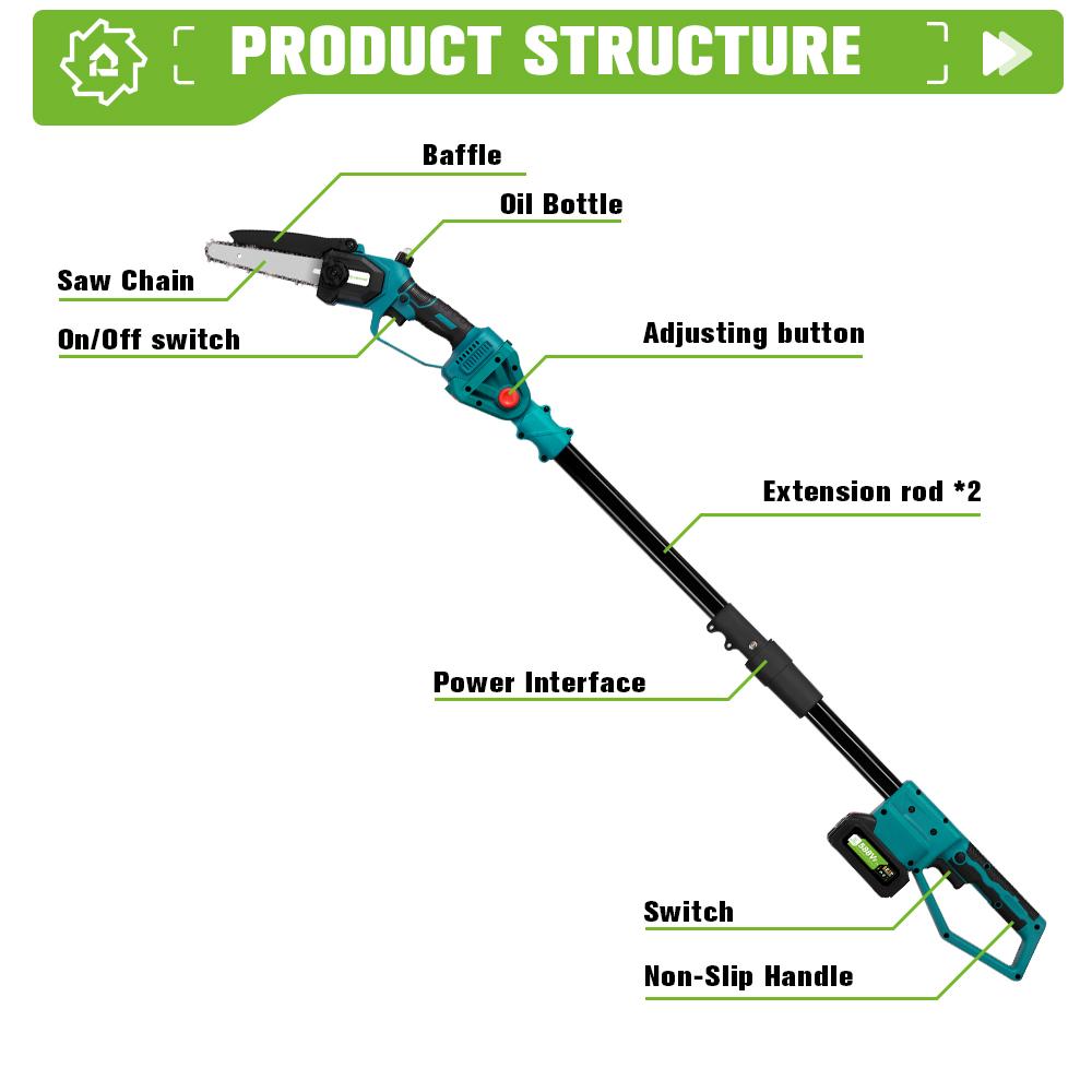 ONEGREEN Drujba electrică telescopică fără perii de 4500W 6 inch 205CM Reîncărcabilă unealtă electrică de grădinărit pentru baterie de 18V