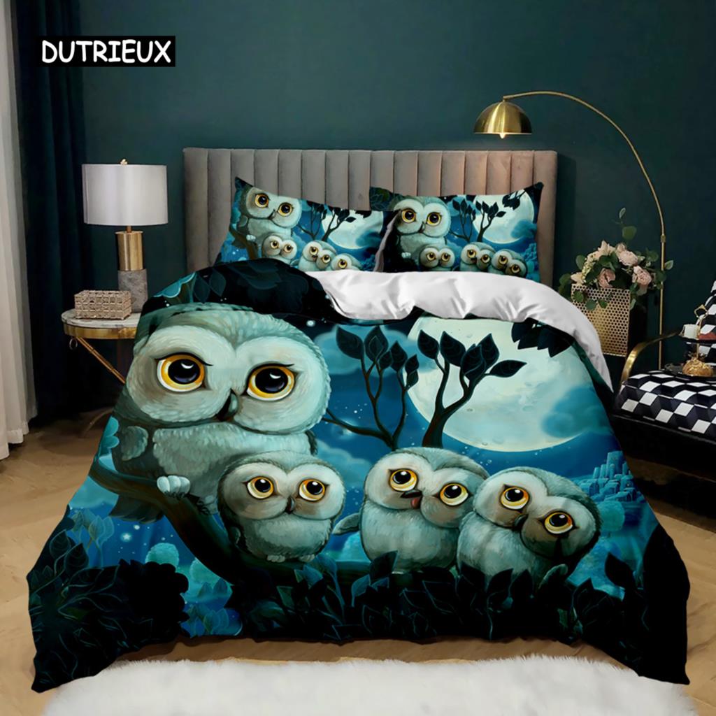 Owl Duvet Cover Adorable Cartoon Soft Microfiber Bedding Set Twin Double Queen King Size Animal Theme