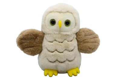 Coruja Bate Asas Decolagem S: Um brinquedo de pelúcia de coruja fofo em bege, com as asas abertas e a abanar.. [Com caixa de música]