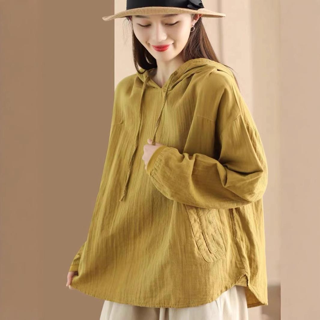 

Женская весенняя повседневная рубашка с капюшоном с длинным рукавом, однотонный пуловер, удобный топ One Size имбирный