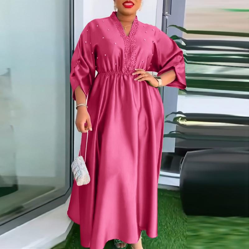 

Жіноча сукня великих розмірів з V-подібним вирізом і довгими рукавами, суцільного кольору, з бісером L темно-рожевого кольору