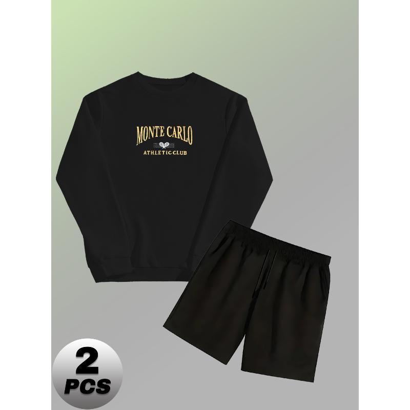 Men s Crew Neck Polyester Sweatshirt and Shorts 2 Piece Tracksuit Wrinkle Resistant Easy Care XXL чёрный