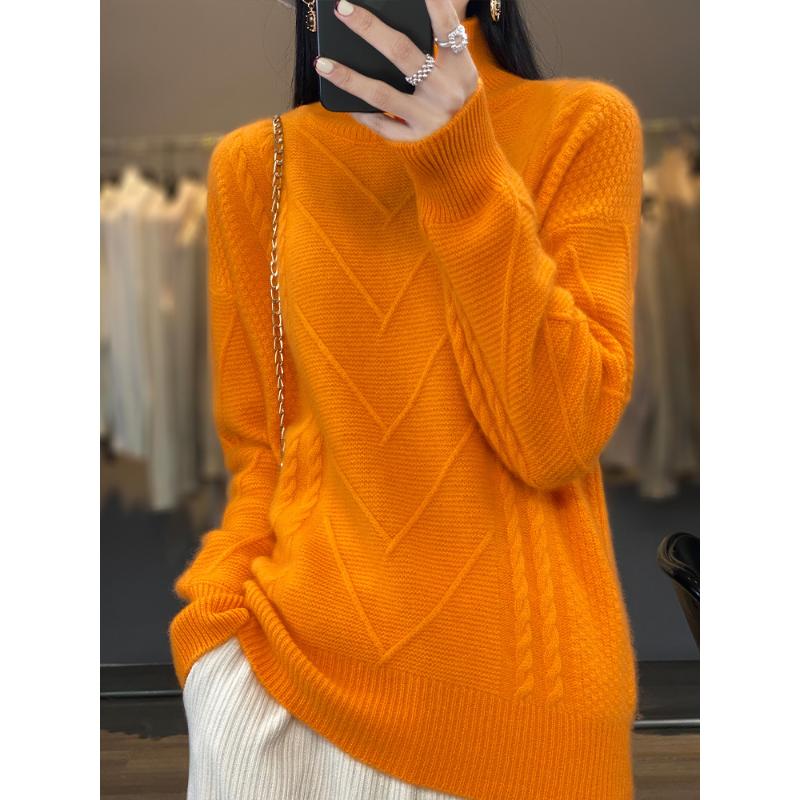 Autumn Winter New Loose Thickened Half High Neck Cable Knit Pullover Women's Sweater Slim Knitted Base Layer Top