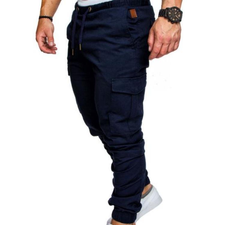 Skinny Cargo Pants Casual Men Solid Color Drawstring Waist Ankle Tied Pockets
