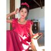Retro square neck fungus edge small flying sleeve dress women's summer loose and thin high-end texture rose red dress
