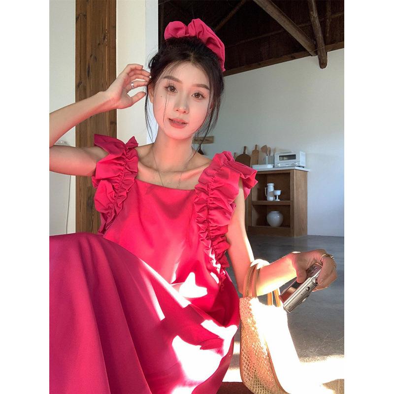 Retro square neck fungus edge small flying sleeve dress women's summer loose and thin high-end texture rose red dress