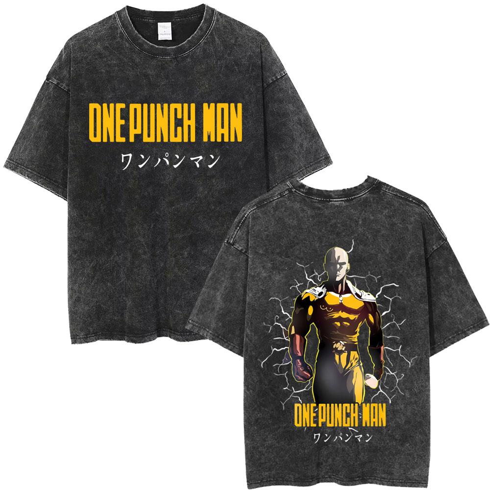 Gewaschenes Vintage Anime One Punch Man Saitama Saitamas Fitnessstudio Lustiges Meme Grafik T-Shirt Herren Damen Fitness Freizeit Übergroße T-Shirts