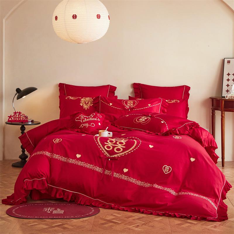 High-End Long-Staple Cotton Wedding 4Pcs Set Chinese Wedding Wedding Kit Big Red Embroidery Pure Cotton Wedding Bedding