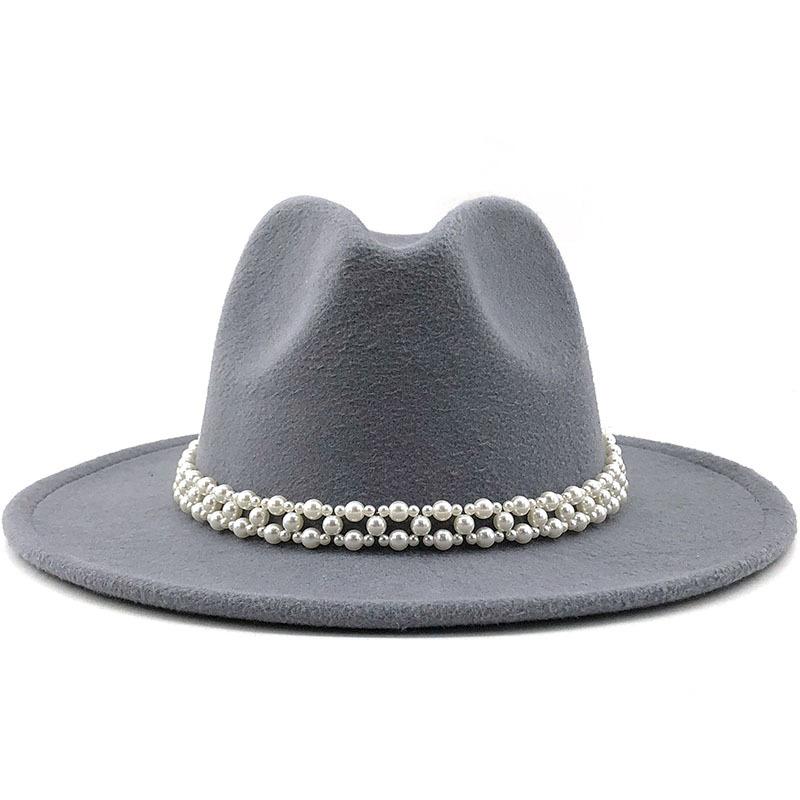 Woolen Hat Elegant Fashion Pearl Woolen Hat British Style Jazz Hat Big Brim Hat Women's Autumn and Winter Top Hat