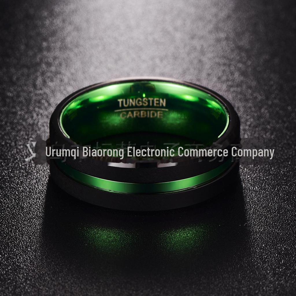 8MM Wide Flat Groove Green Tungsten Steel Ring for Men, US Size 6-14, Ready To Deliver