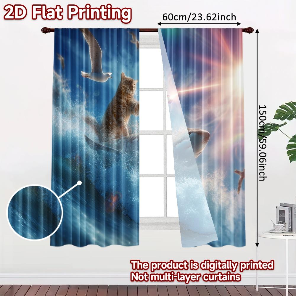2pcs, 2D FLAT PRINTING Curtains (Without Rod) SharkRiderCat Christmas Holiday Curtains with Digital Printing Machine Washable