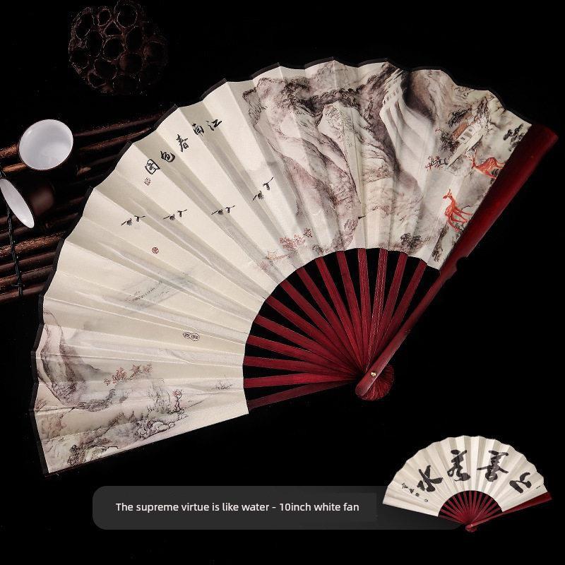 Fan for Men with a Domineering Style, Traditional Chinese Style Folding Fan with Jade-Like Black Bamboo Wood, Portable for Summer, Suitable for Dance