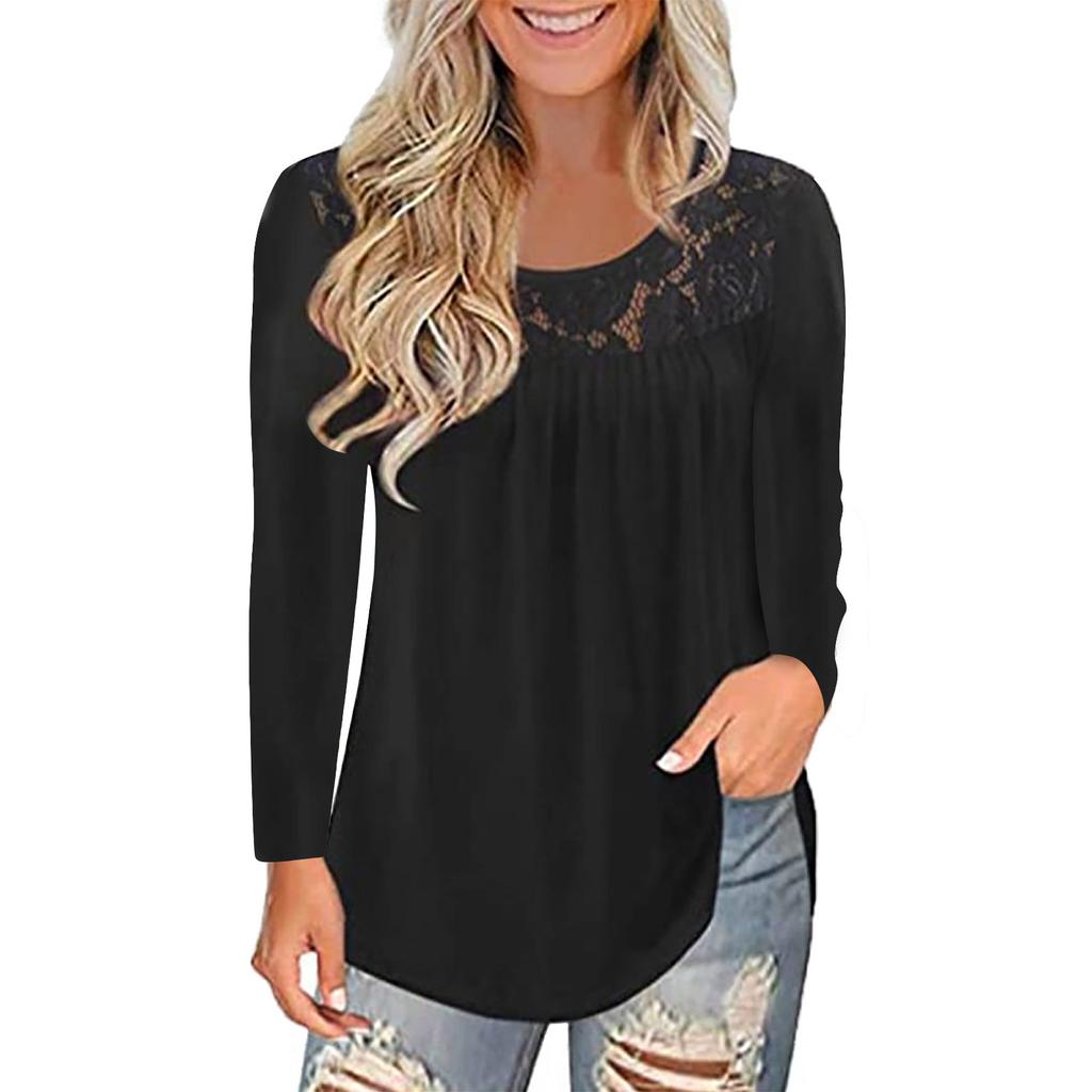 Women Fashion Lace Solid Splicing O-Neck Long Sleeve T-Shirt Blouse Tops