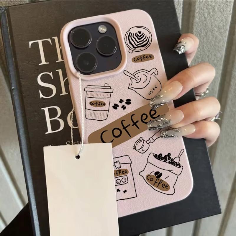 

Winter Coffee Pattern Lychee Texture Phone Case For iPhone 17 Pro 16 15 14 13 12 11 Pro Max XS XR 17 Air 16E Soft TPU Cover iPhone XS Max розовый