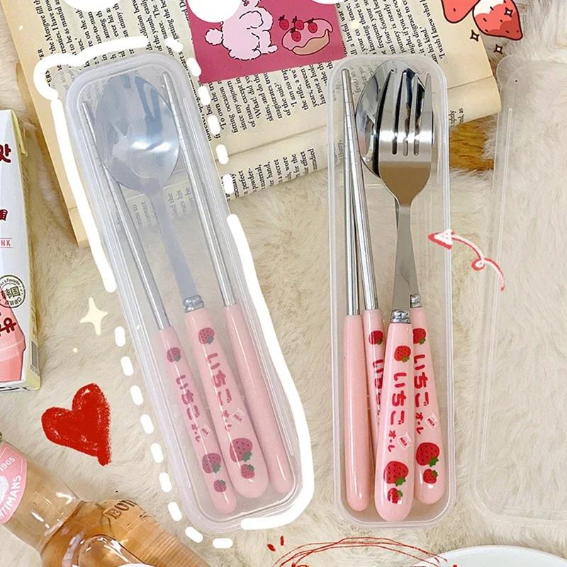 1set Korean Style Cute Strawberry Chopsticks Spoon Fork Cutlery Set with Box Portable Stainless Steel Tableware Kitchen Utensils