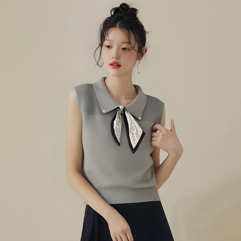 Fashionable And Casual Contrasting Navy Collar Knotted Sweet Loose Sleeveless Vest