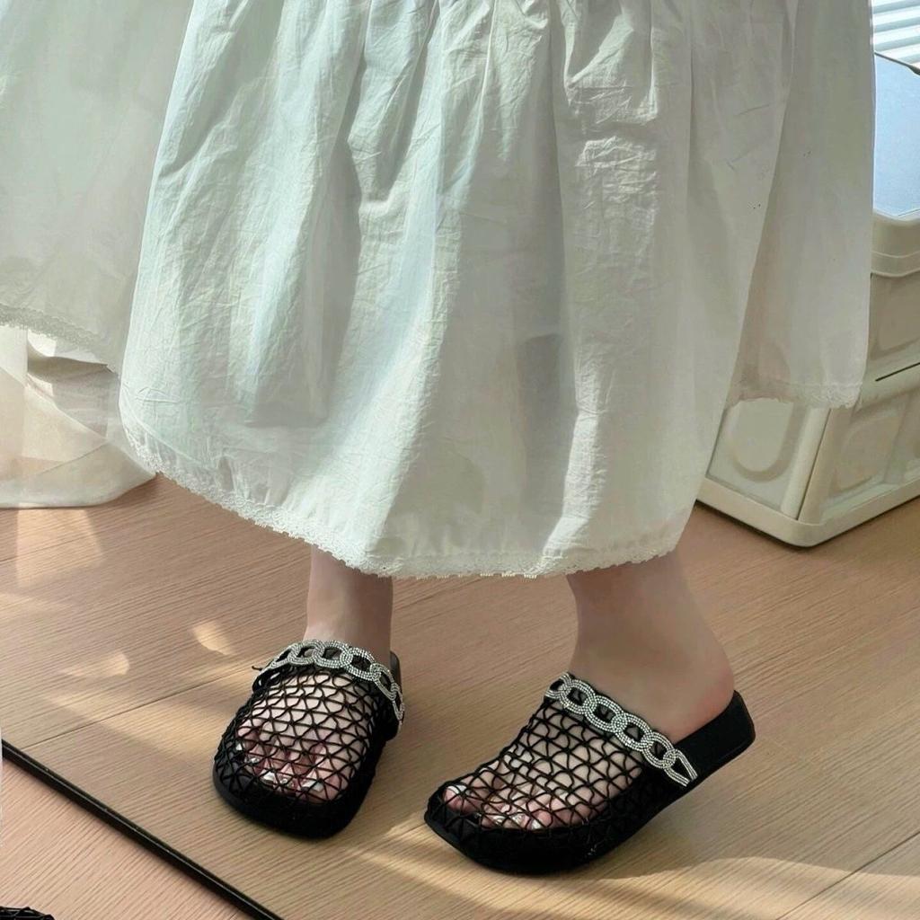 Baotou Fishing Net Half Slippers Women's Outer Wear 2025 Summer New Thick-soled Roman Hollow Breathable Comfortable Beach Cool Slippers