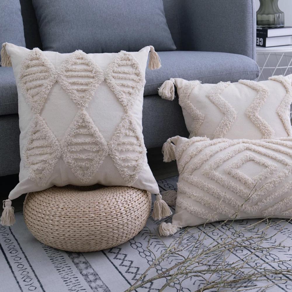 Home Decor Boho  Pillowcase With Tassels Handmade Woven Pillowcase Sofa Living Room Decoration Beige Tassels Cushion Cover