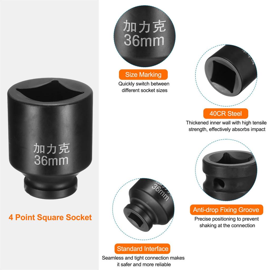 Uxcell 36mm Metrische Vierkant-Schlagschlüssel-Stecknuss 40CR Schwärzung Standard-Radnuss-Stecknuss für Druckluftwerkzeuge für Autoreparatur, Maschinenwartung und Heimgebrauch