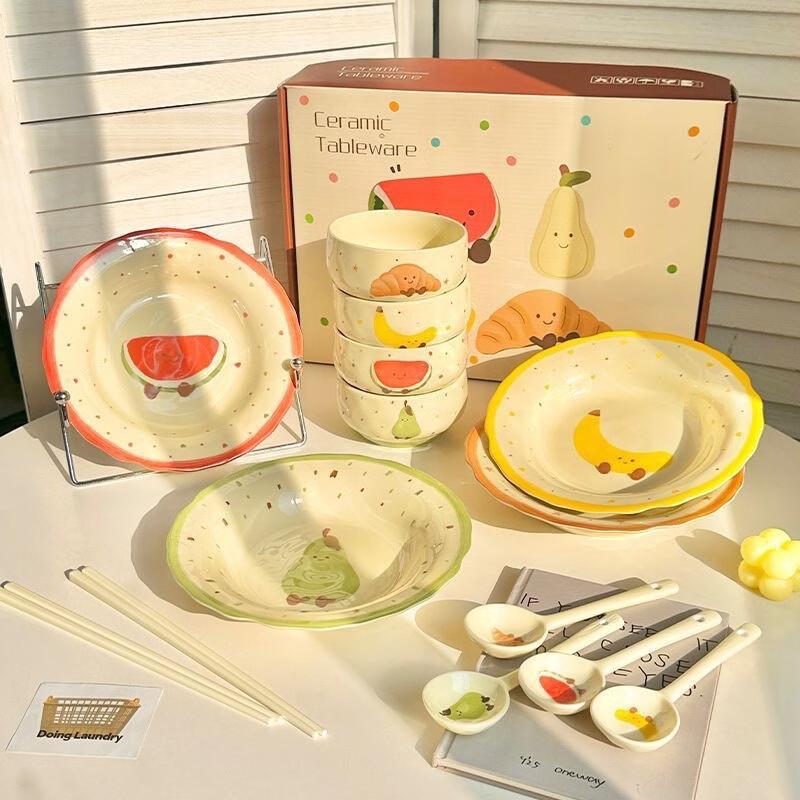 Ru Han Ceramic Underglaze Fruit Croissant 10-Piece Dinner Set