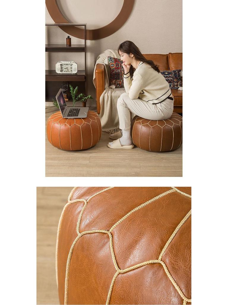 Moroccan Style Oil Wax Leather Floor Stool & Tatami Futon Seat Cushion
