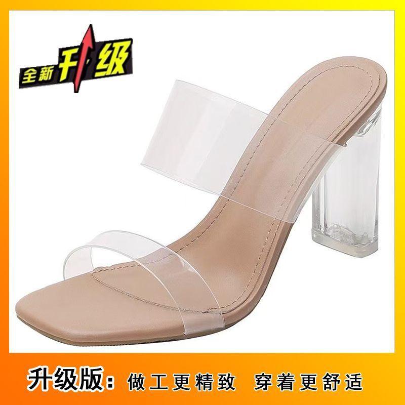 2025 new open-toed transparent word with waterproof table slippers women's simple crystal thick heels high heels sandals