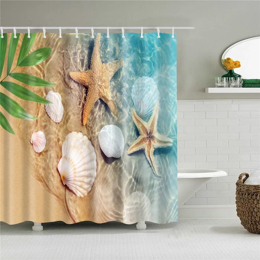 Windmill Seaside Scenery Shell Beach Scenic Bathroom Shower Curtain Frabic Waterproof Polyester Bathroom Curtain With Hooks