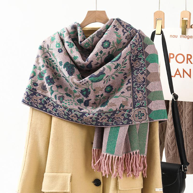 Jacquard Scarf Shawl with Decorative Imitation Cashmere Scarf for Women Winter High End New Style Thickened Ethnic Style Shawl