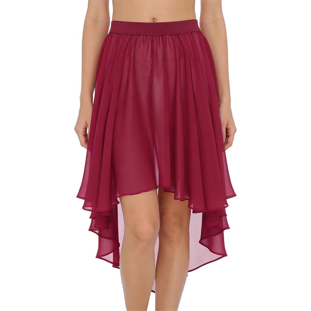 Damen High-Low-Saum Chiffonrock Elastischer Bund Unregelmäßiger Durchsichtiger Überwurf Strand Tanzkostüm