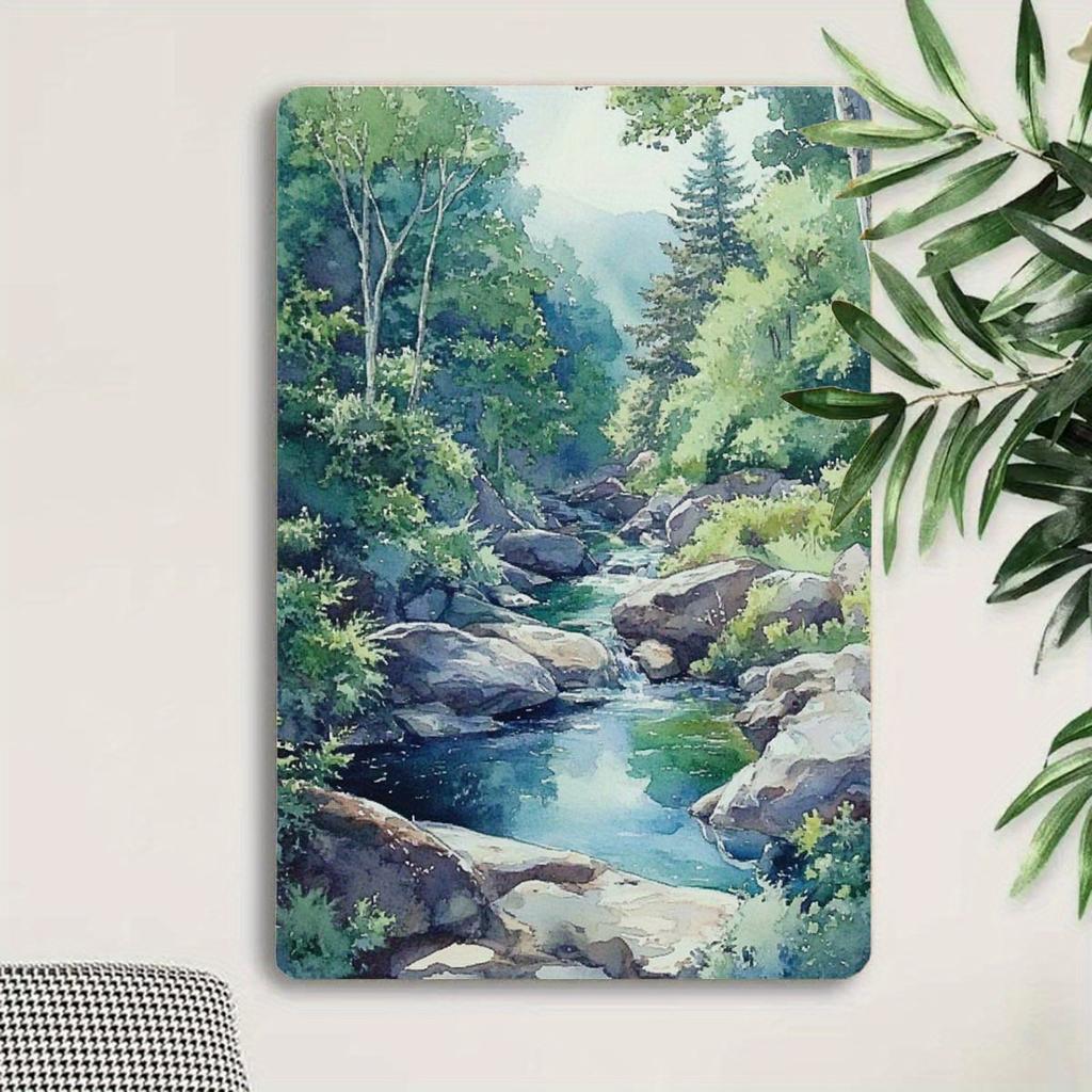 2D Flat, 1pc Rustic River Tin Painting - Waterproof & Rustproof Metal Wall Art - 8x12 Inch (20x30cm) Vintage Landscape Decor - I