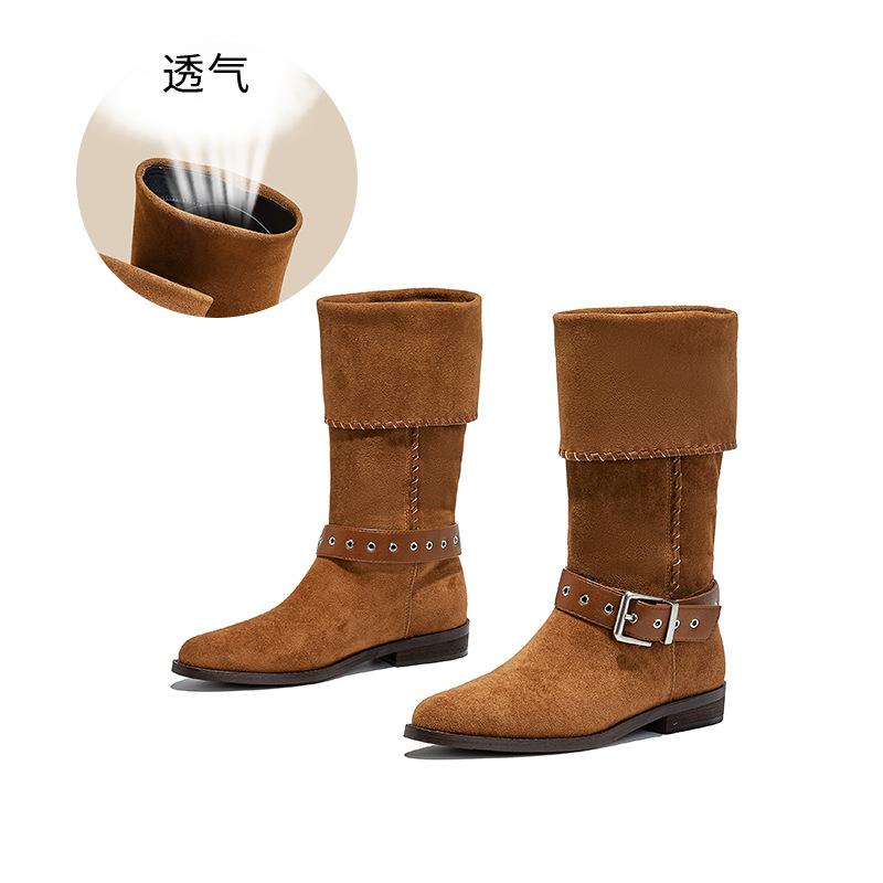 Retro stacking boots autumn and winter new thick heel buckle western cowboy knight boots casual boots