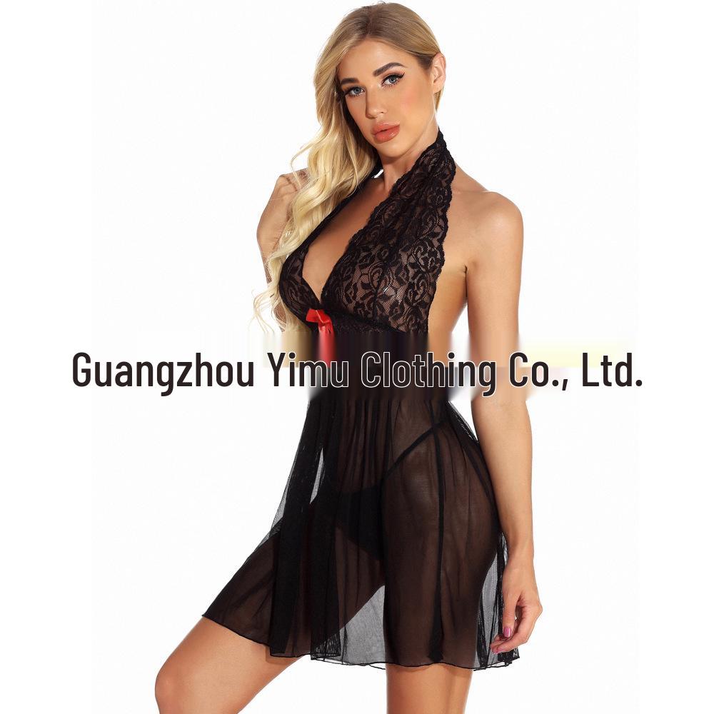 Plus Size S-6XL Sexy Transparent Lace Mesh Halter Lingerie Nightgown