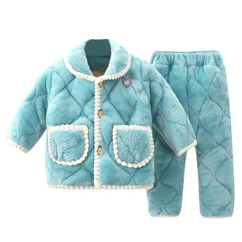 Children's Pajamas Set Thickened Winter Big Children's Flannel Boys and Girls Three-layer Thickened Warm Home Service Children's Clothing