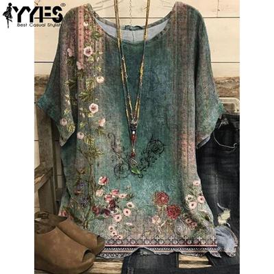 Women's Fashion Casual Summer Spring Flower Pattern Print 1/2 Sleeves O-Neck Blouses & Shirts