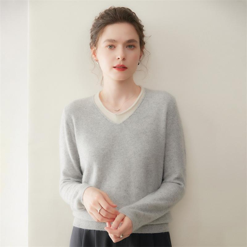 Autumn/Winter 2025 Two-Piece Color Block Cashmere Women's Slimming Knit Pullover