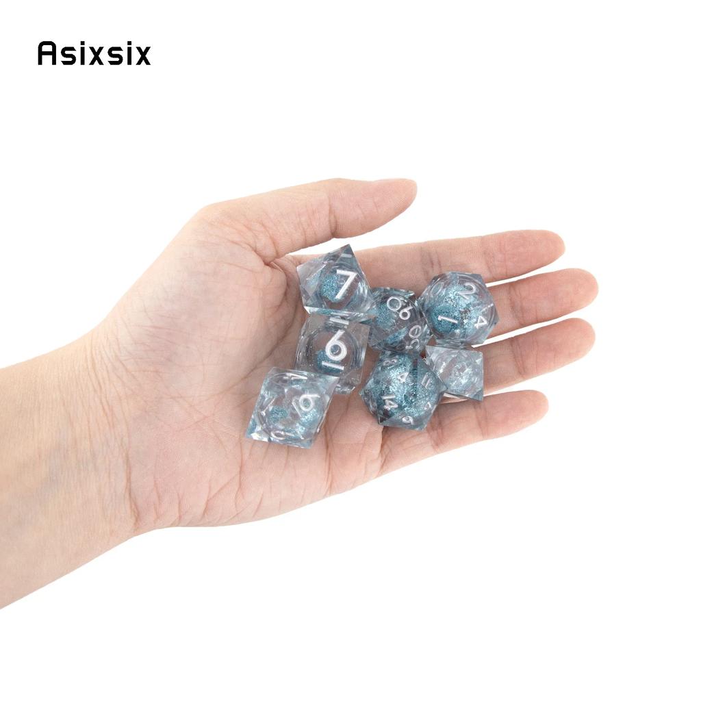 7 Pcs Transparent Blue Resin Flowing Sand White Number Sharp Edge Dice Polyhedral Dice Suitable For Dice PropBoard Game