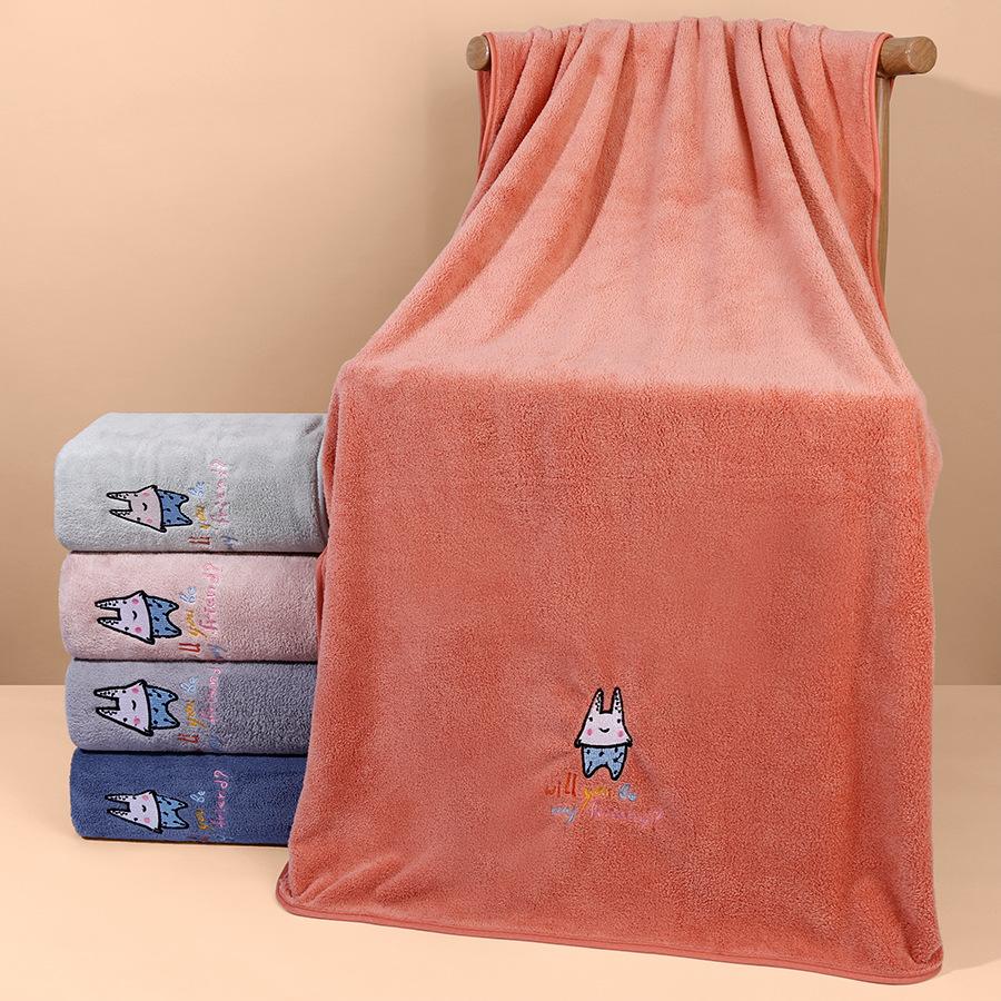 Coral Fleece Bath Towel with Embroidered Logo Thickened Soft Cotton Home Use Non-Shedding Hair Large Bath Towel