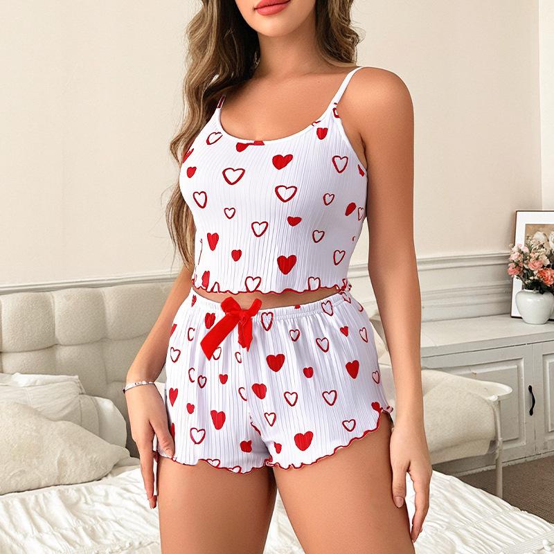 Women's Heart Print Ribbed Camisole & Shorts Loungewear Set