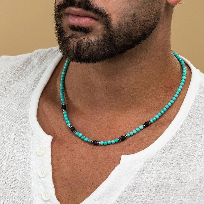 Men'S Turquoise Volcanic Stone Necklace New Bohemian Ethnic Style Unique Niche Hip-Hop Necklace