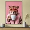 Canvas Art Print,Frameless Poster, Perfect for Animal Lovers, Wall Decor Home, Office, Cafe Charming Cheetah Drink Coffee