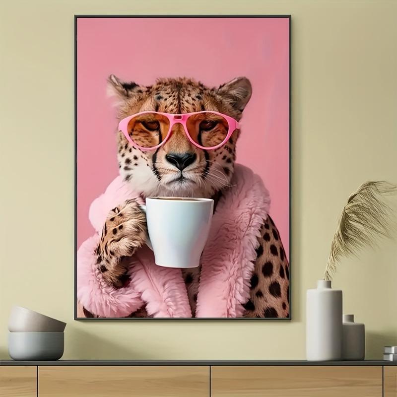 Canvas Art Print,Frameless Poster, Perfect for Animal Lovers, Wall Decor Home, Office, Cafe Charming Cheetah Drink Coffee