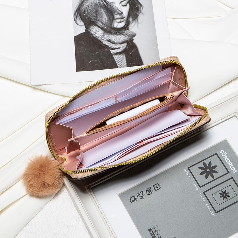 Women's Long Double layer Color blocking Wallet Summer New Personalized Hair Ball Multi card Clutch