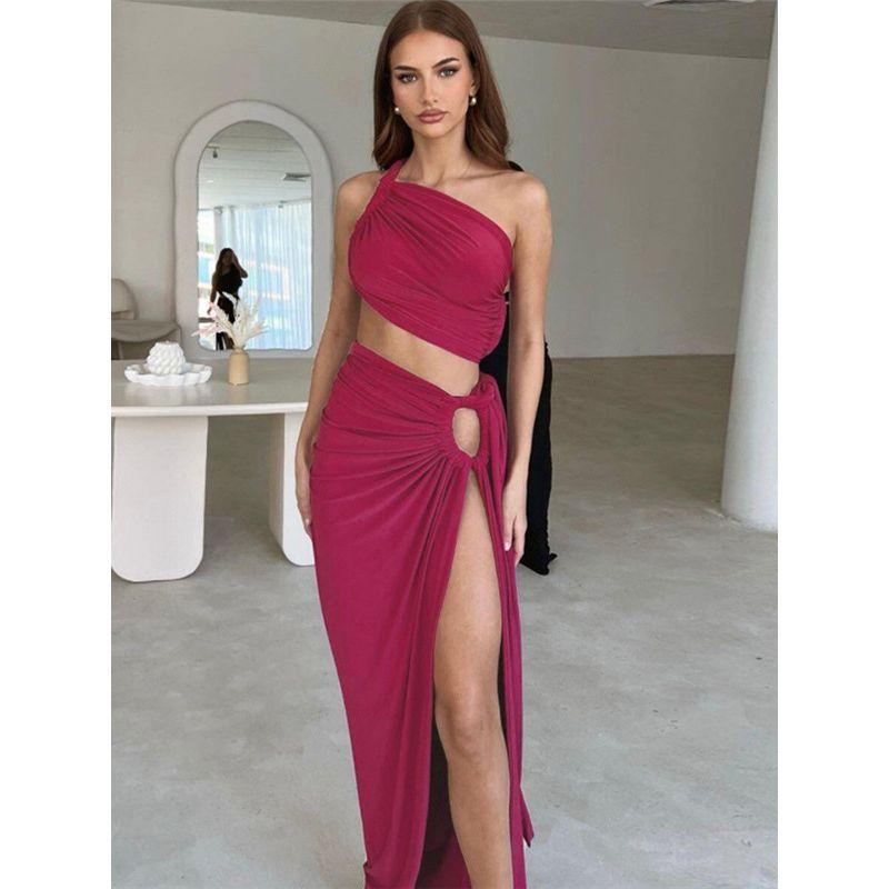 Fashion Style Ins Sexy Oblique Shoulder Evening Dress Backless Seaside Dress Sexy Cutout Split Skirt Suit