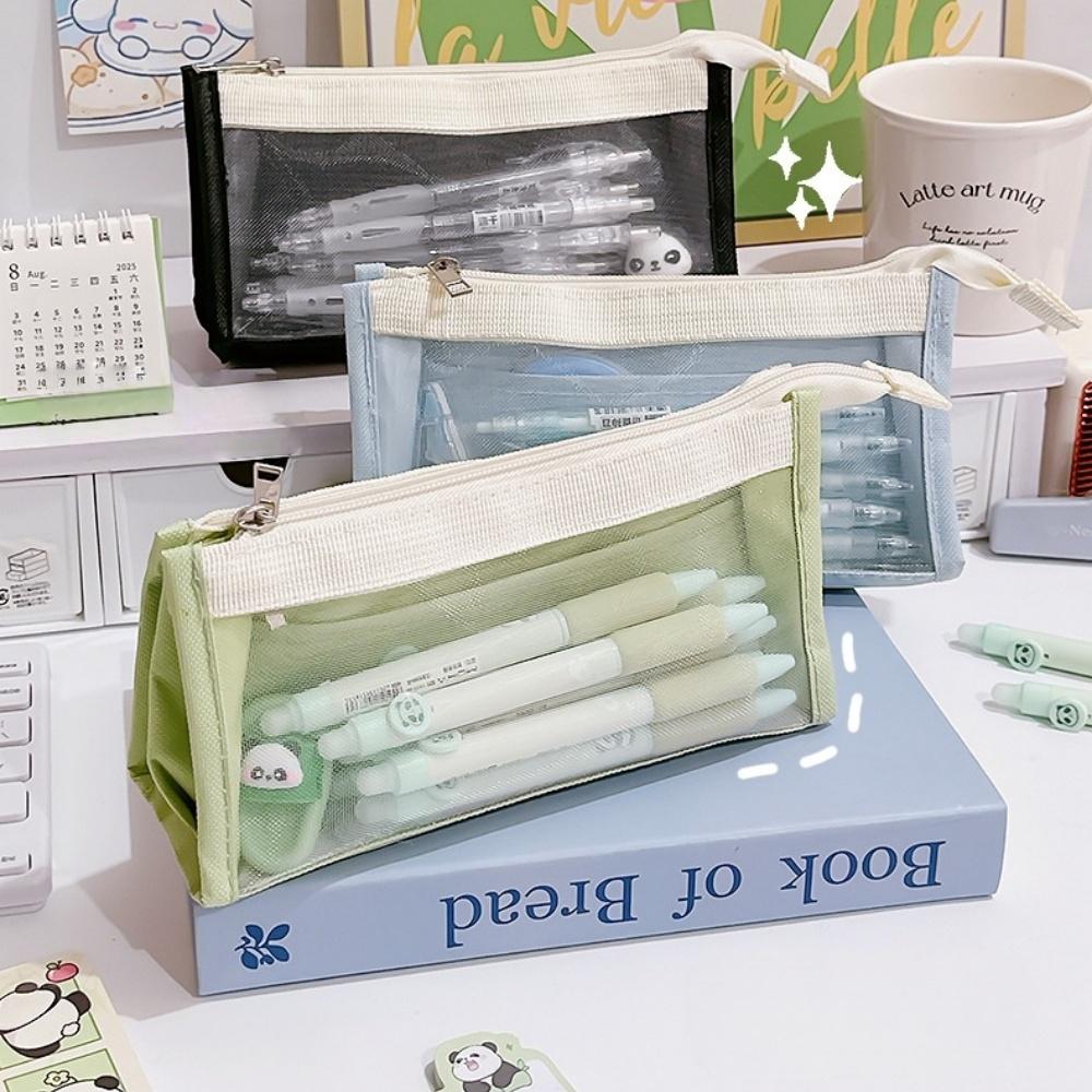 Trousse à crayons en maille transparente Color Block Sac de rangement pour stylos pour examen Minimaliste Grande capacité Multi-couches Papeterie