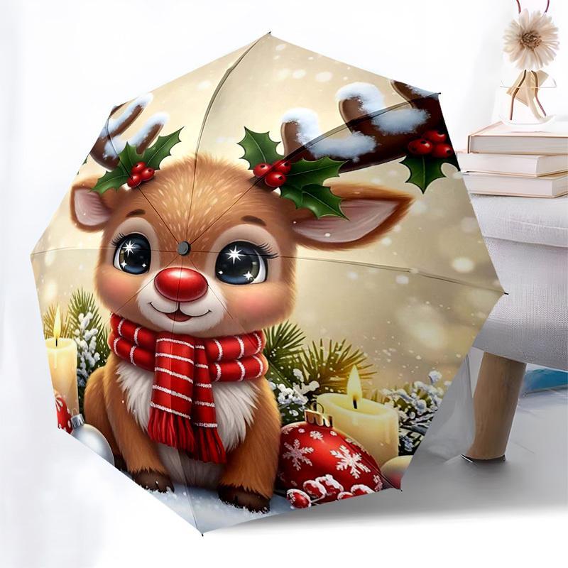

1pc Christmas Reindeer with Holly Berries, Automatic Opening Umbrella, Portable 3-Fold Design, 8-Bone Iron Frame, Outdoor Umbrella, Festive Gift for F